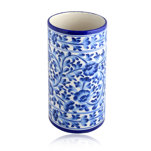 Blue Pottery Decorative Cylindrical Vase—White and Blue