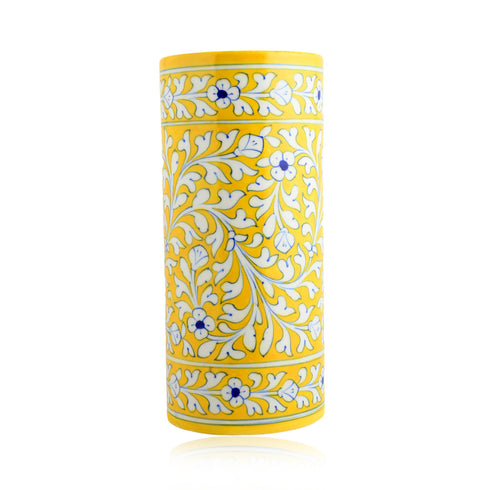 Blue Pottery Decorative Cylindrical Vase—Yellow