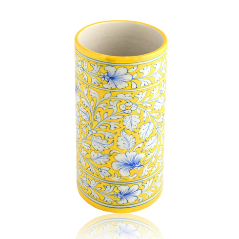 Blue Pottery Decorative Cylindrical Vase—Yellow