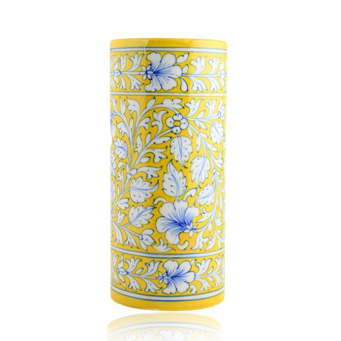 Blue Pottery Decorative Cylindrical Vase—Yellow