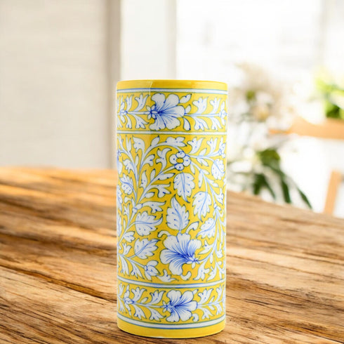 Blue Pottery Decorative Cylindrical Vase—Yellow