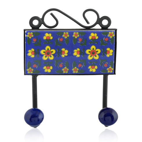 Blue Pottery Decorative Key Holder—Blue—2 Hooks
