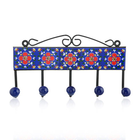 Blue Pottery Decorative Key Holder—Blue—5 Hooks