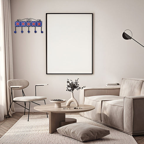 Blue Pottery Decorative Key Holder—Blue—5 Hooks