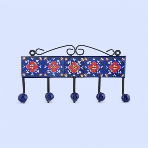 Blue Pottery Decorative Key Holder—Blue—5 Hooks