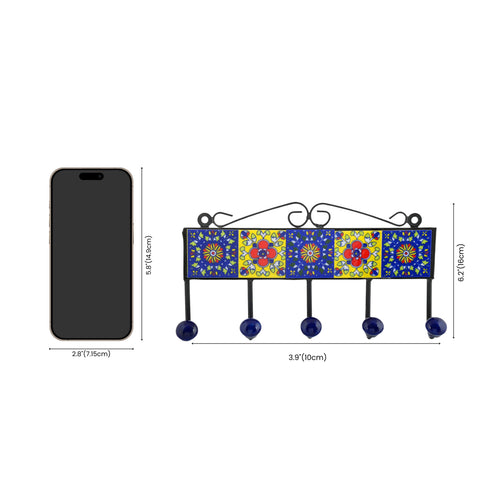 Blue Pottery Decorative Key Holder—Blue & Yellow—5 Hooks