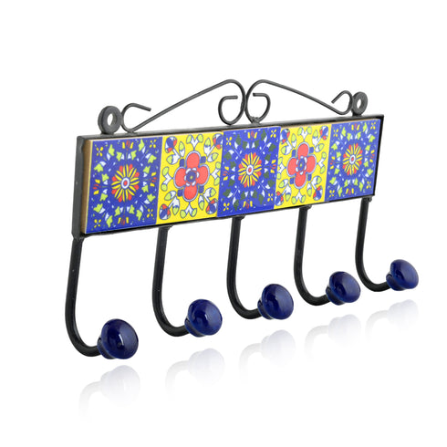 Blue Pottery Decorative Key Holder—Blue & Yellow—5 Hooks
