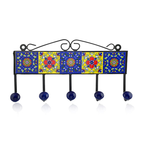Blue Pottery Decorative Key Holder—Blue & Yellow—5 Hooks