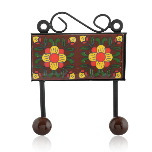 Blue Pottery Decorative Key Holder—Brown—2 Hooks