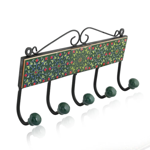 Blue Pottery Decorative Key Holder—Green—5 Hooks