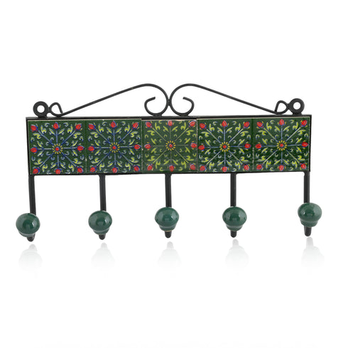 Blue Pottery Decorative Key Holder—Green—5 Hooks