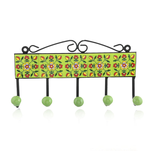 Blue Pottery Decorative Key Holder—Lime Green—5 Hooks