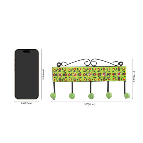 Blue Pottery Decorative Key Holder—Lime Green—5 Hooks