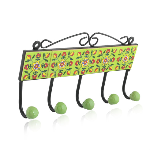 Blue Pottery Decorative Key Holder—Lime Green—5 Hooks