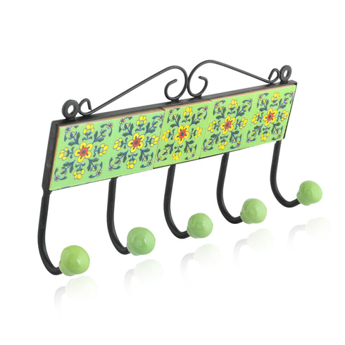 Blue Pottery Decorative Key Holder—Mint Green—5 Hooks