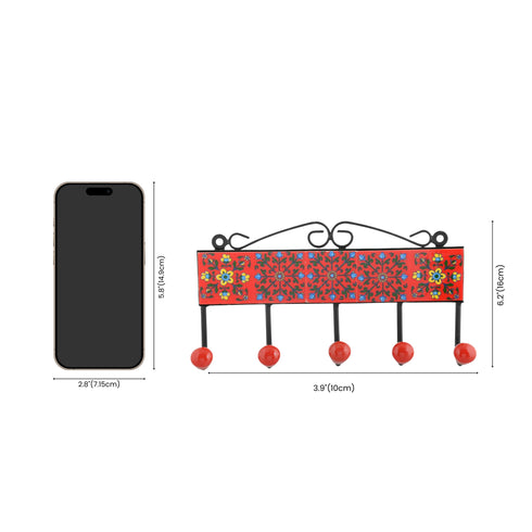 Blue Pottery Decorative Key Holder—Red—5 Hooks