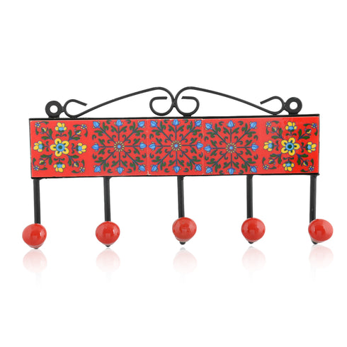 Blue Pottery Decorative Key Holder—Red—5 Hooks