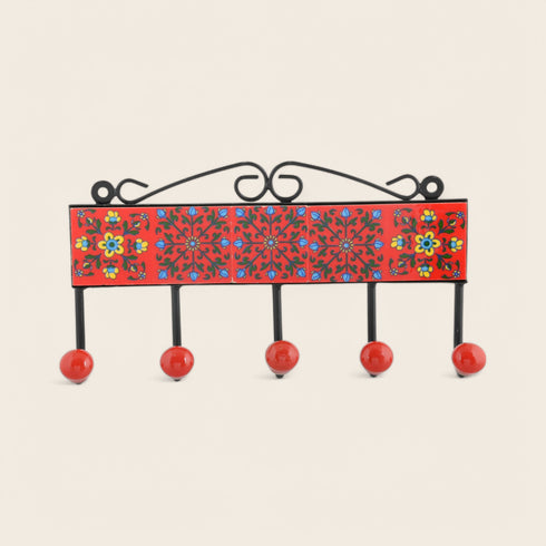Blue Pottery Decorative Key Holder—Red—5 Hooks