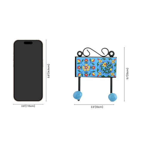 Blue Pottery Decorative Key Holder—Turquoise—2 Hooks