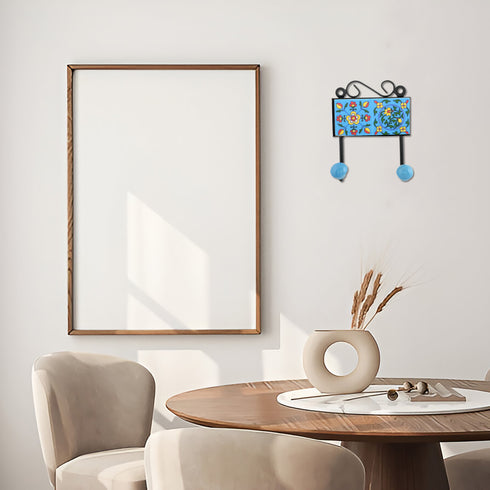 Blue Pottery Decorative Key Holder—Turquoise—2 Hooks