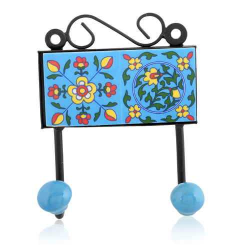 Blue Pottery Decorative Key Holder—Turquoise—2 Hooks