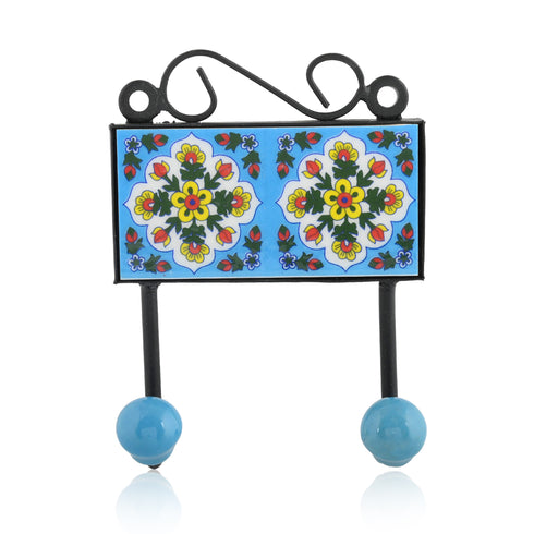 Blue Pottery Decorative Key Holder—Turquoise—2 Hooks