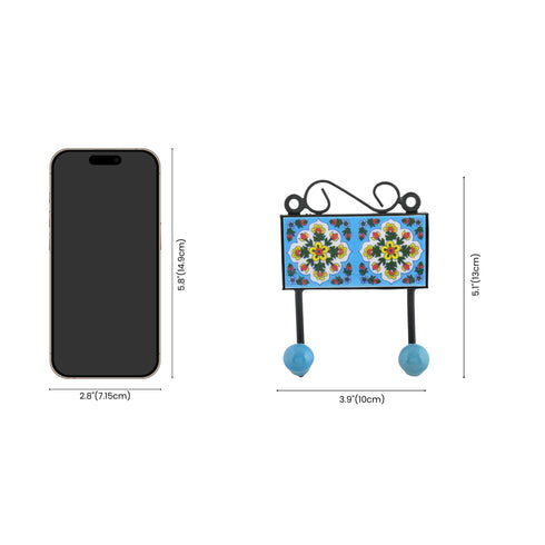 Blue Pottery Decorative Key Holder—Turquoise—2 Hooks