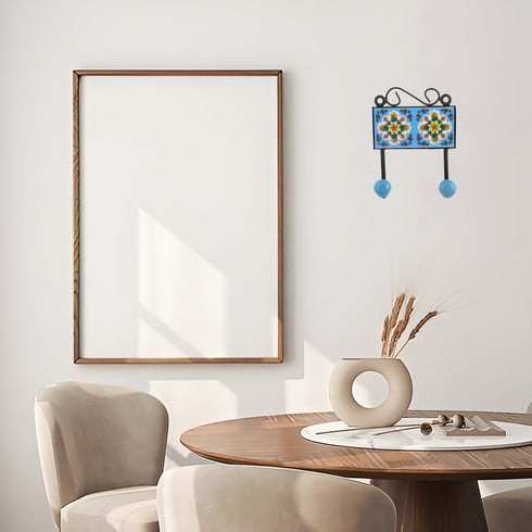 Blue Pottery Decorative Key Holder—Turquoise—2 Hooks