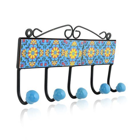 Blue Pottery Decorative Key Holder—Turquoise—5 Hooks