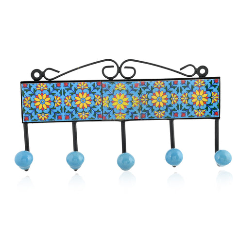 Blue Pottery Decorative Key Holder—Turquoise—5 Hooks