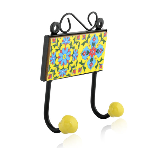 Blue Pottery Decorative Key Holder—Yellow—2 Hooks