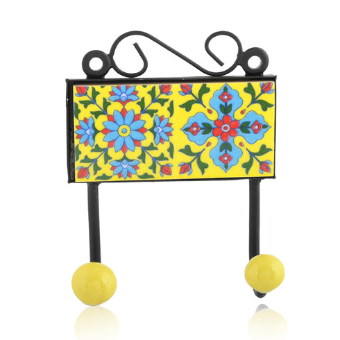 Blue Pottery Decorative Key Holder—Yellow—2 Hooks