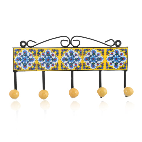 Blue Pottery Decorative Key Holder—Yellow—5 Hooks