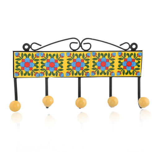 Blue Pottery Decorative Key Holder—Yellow—5 Hooks