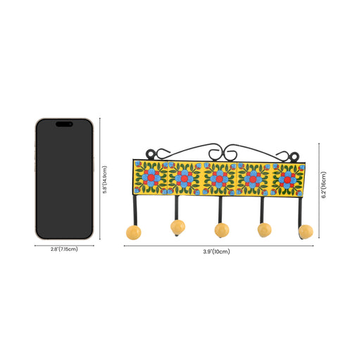 Blue Pottery Decorative Key Holder—Yellow—5 Hooks