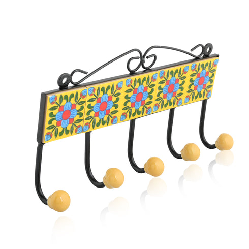 Blue Pottery Decorative Key Holder—Yellow—5 Hooks