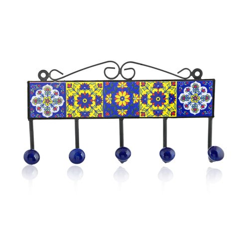 Blue Pottery Decorative Key Holder—Yellow & Blue—5 Hooks