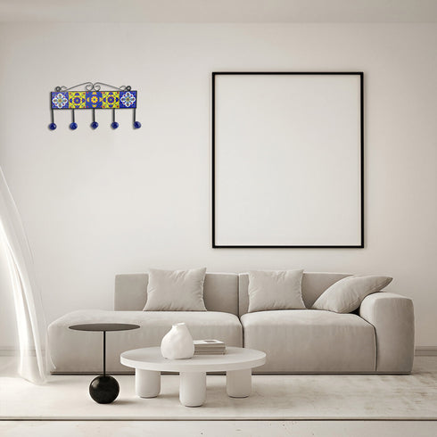 Blue Pottery Decorative Key Holder—Yellow & Blue—5 Hooks