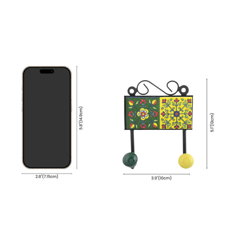 Blue Pottery Decorative Key Holder—Yellow & Green—2 Hooks