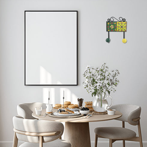 Blue Pottery Decorative Key Holder—Yellow & Green—2 Hooks