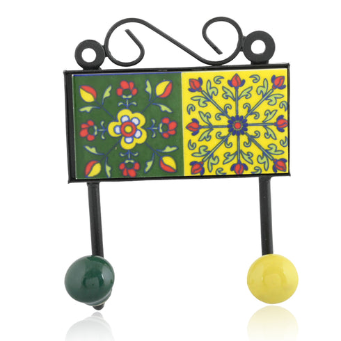 Blue Pottery Decorative Key Holder—Yellow & Green—2 Hooks