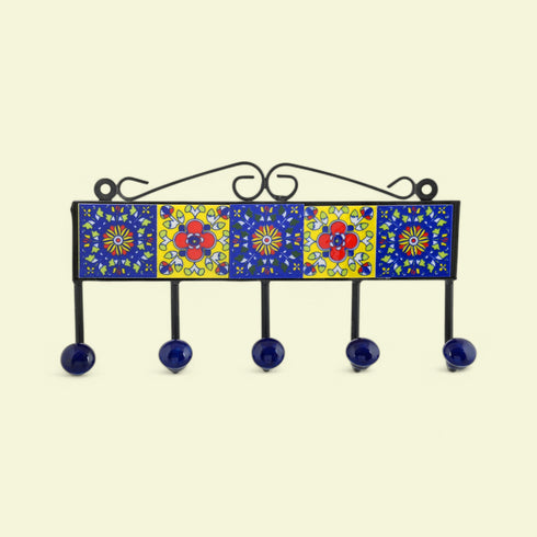 Blue Pottery Decorative Key Holder—Blue & Yellow—5 Hooks
