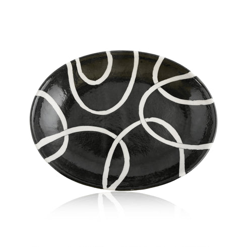 Blue Pottery Decorative Rice Plate—Geometric Pattern—Black & White