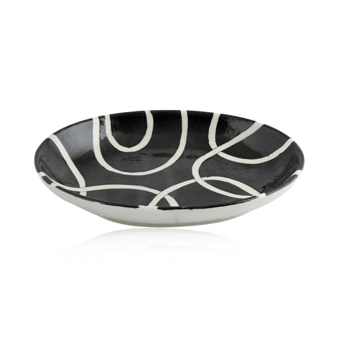 Blue Pottery Decorative Rice Plate—Geometric Pattern—Black & White