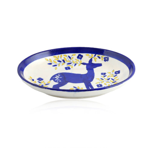 Blue Pottery Decorative Rice Plate—Reindeer Pattern—White and Blue