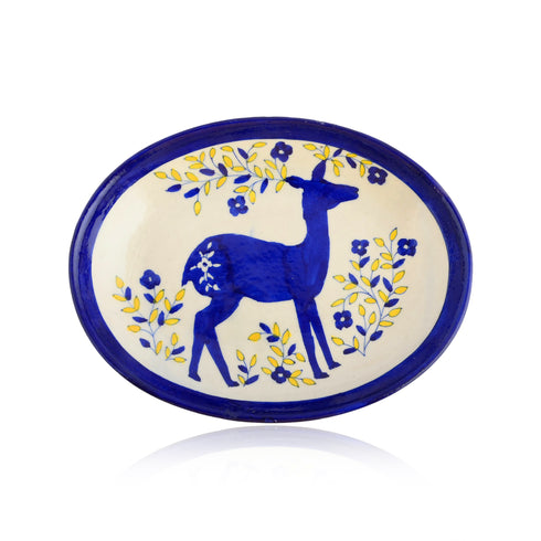 Blue Pottery Decorative Rice Plate—Reindeer Pattern—White and Blue