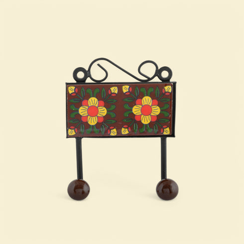 Blue Pottery Decorative Key Holder—Brown—2 Hooks