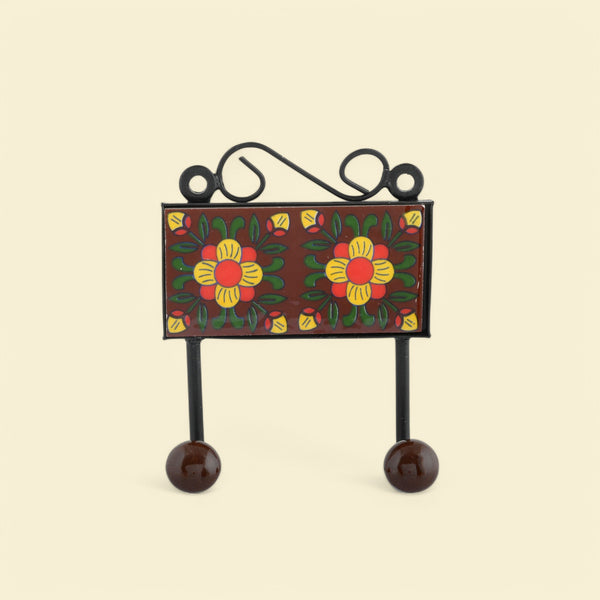 Blue Pottery Decorative Key Holder—Brown—2 Hooks