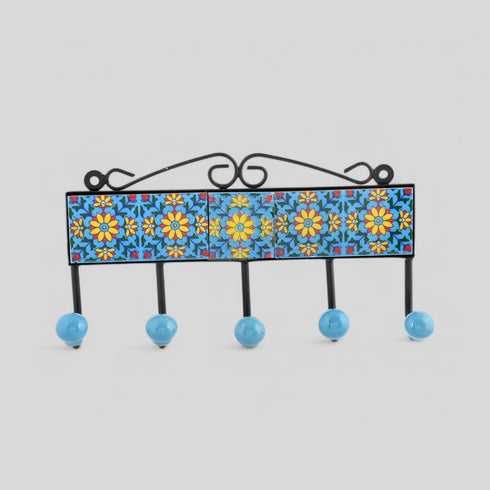Blue Pottery Decorative Key Holder—Turquoise—5 Hooks