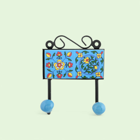 Blue Pottery Decorative Key Holder—Turquoise—2 Hooks